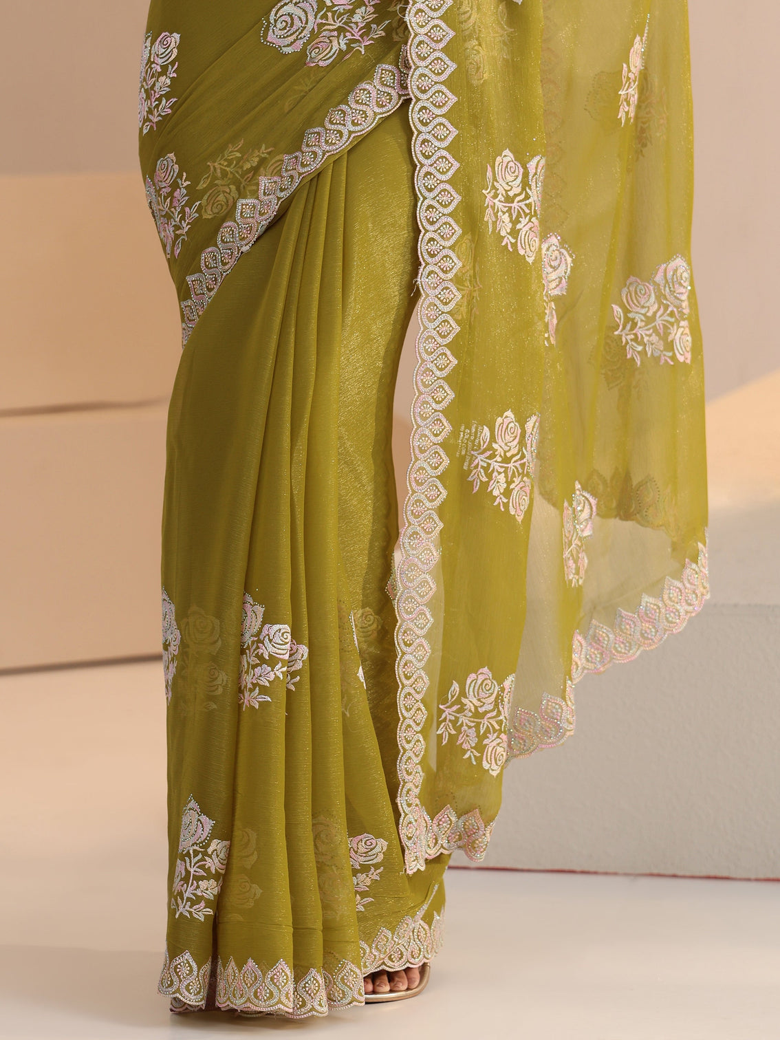 Mameraa Light Henna Green Floral Embroidered Chiffon Saree