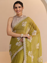 Libas Light Henna Green Floral Embroidered Chiffon Saree