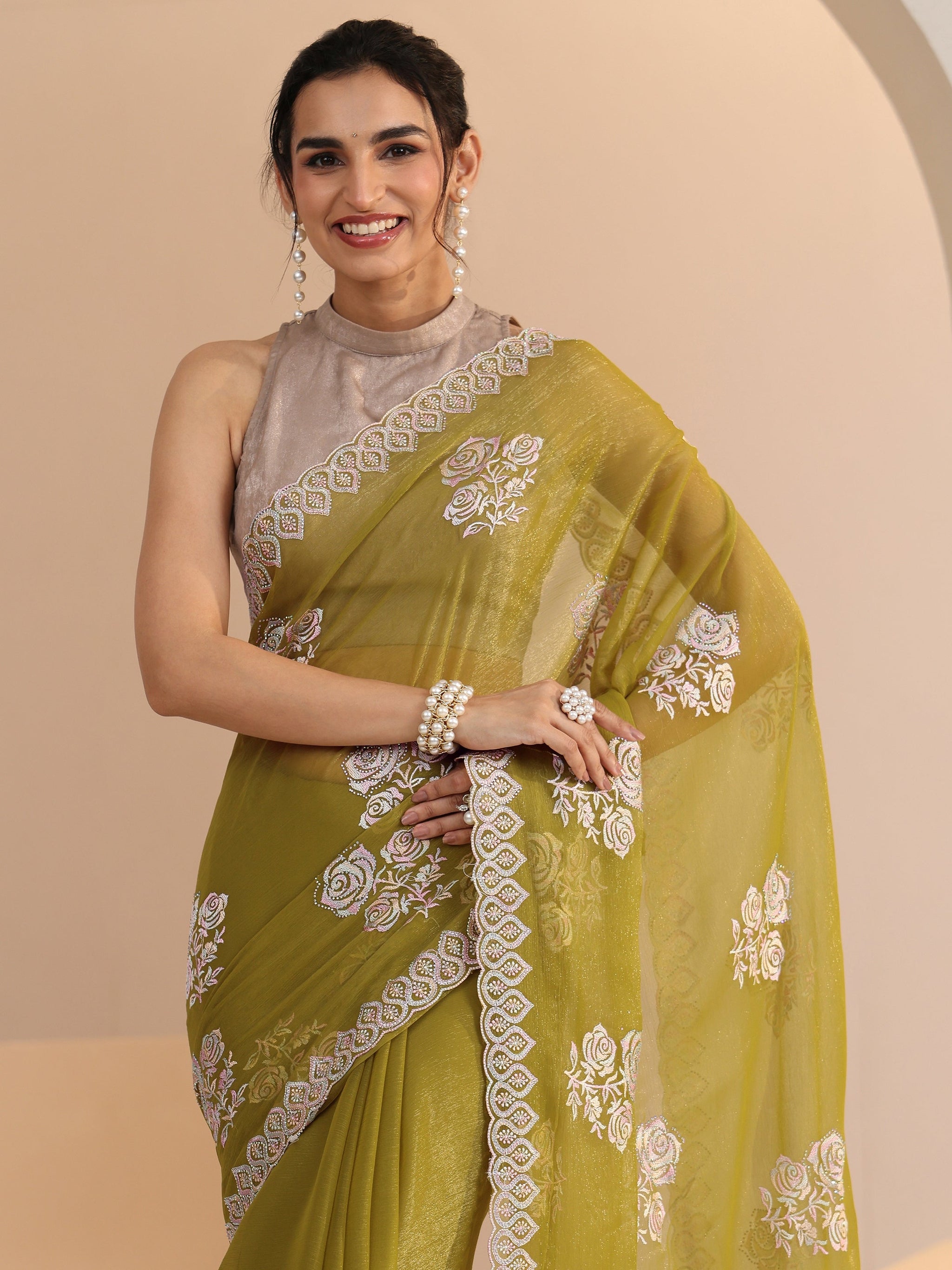 Libas Light Henna Green Floral Embroidered Chiffon Saree