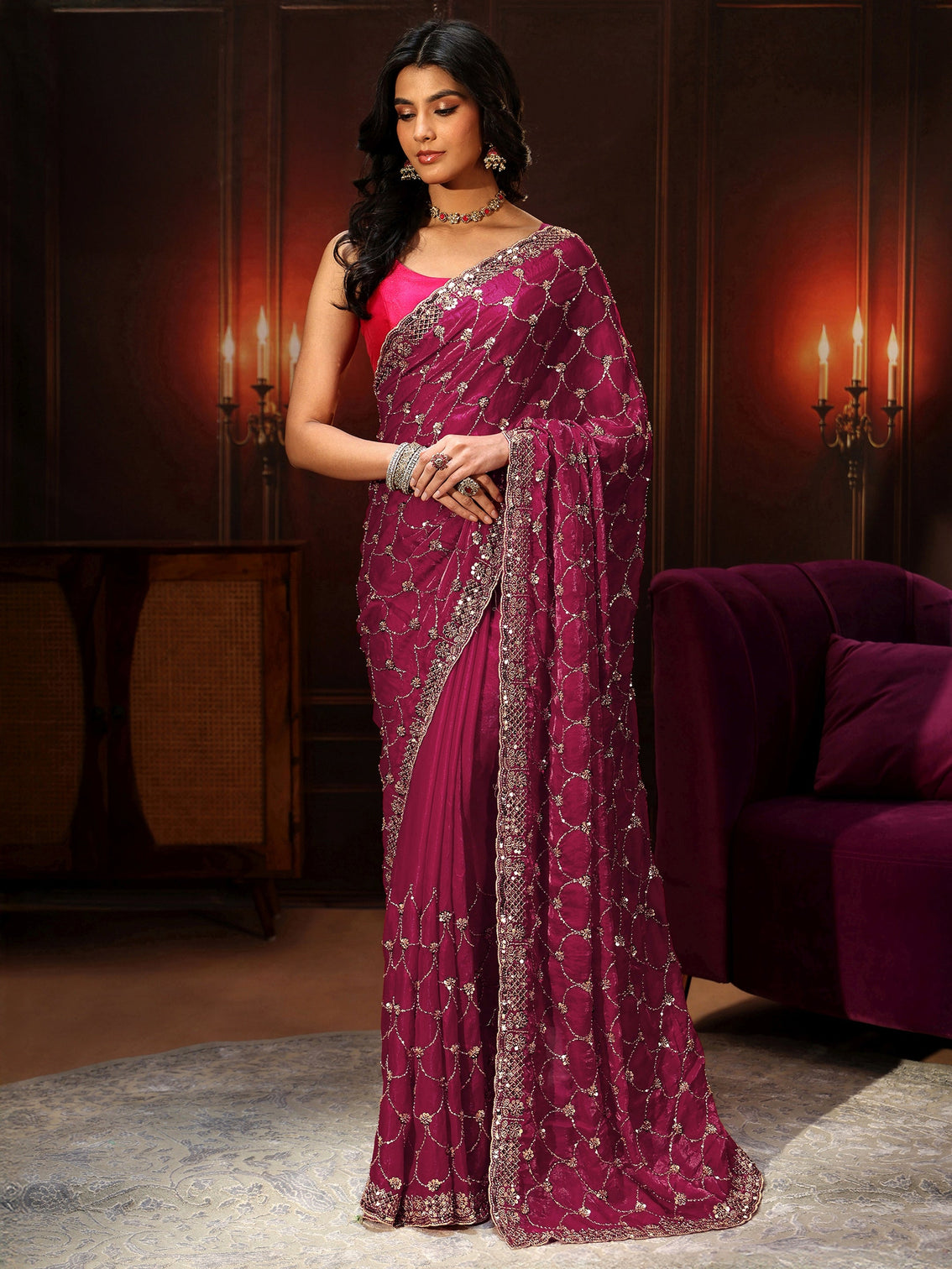Mameraa Art Raspberry Pink Embellished Tissue Saree
