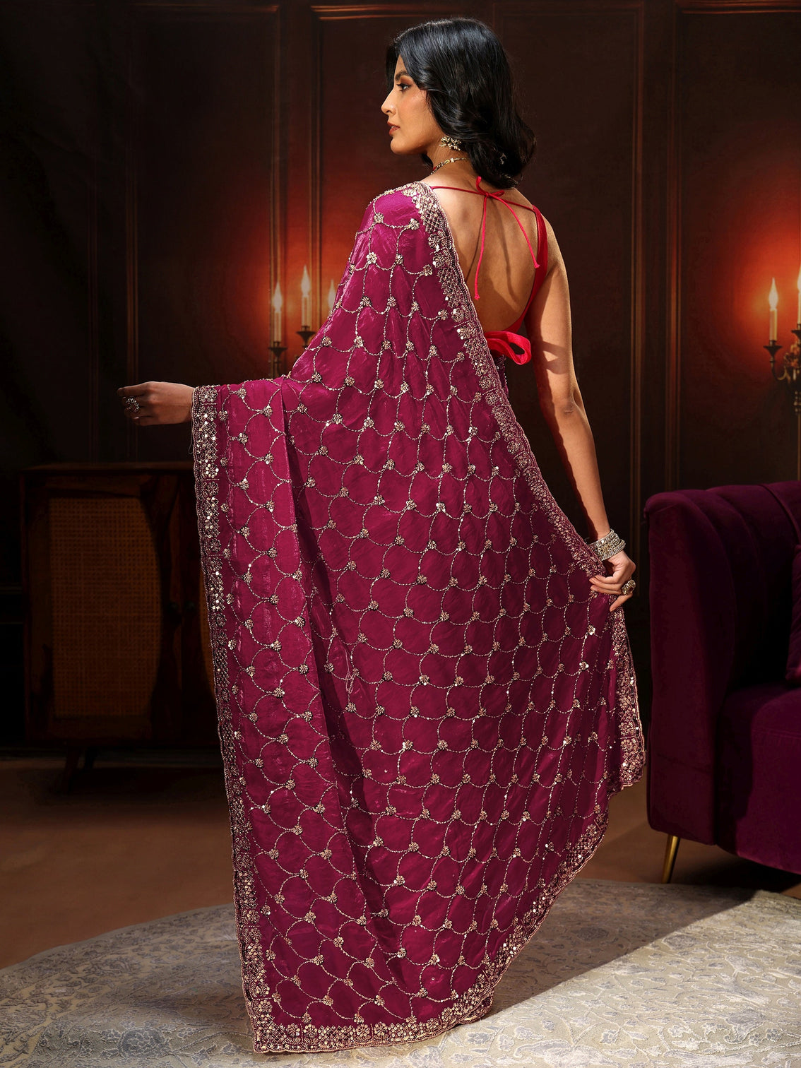 Mameraa Art Raspberry Pink Embellished Tissue Saree