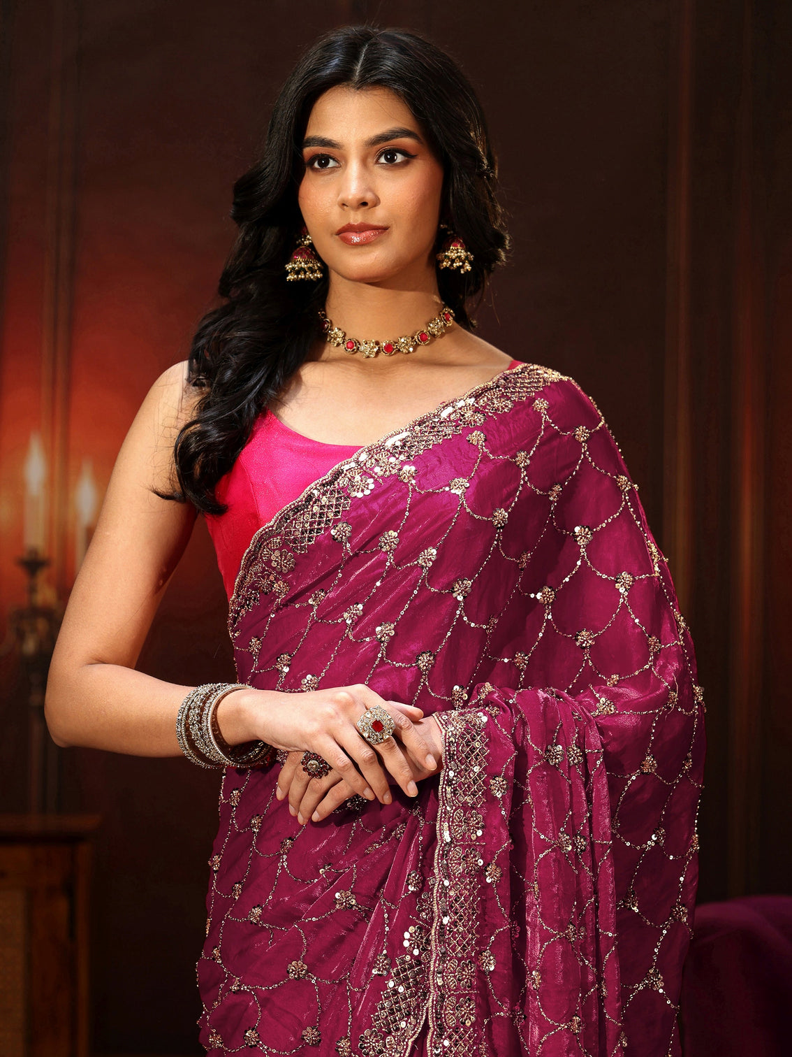 Mameraa Art Raspberry Pink Embellished Tissue Saree
