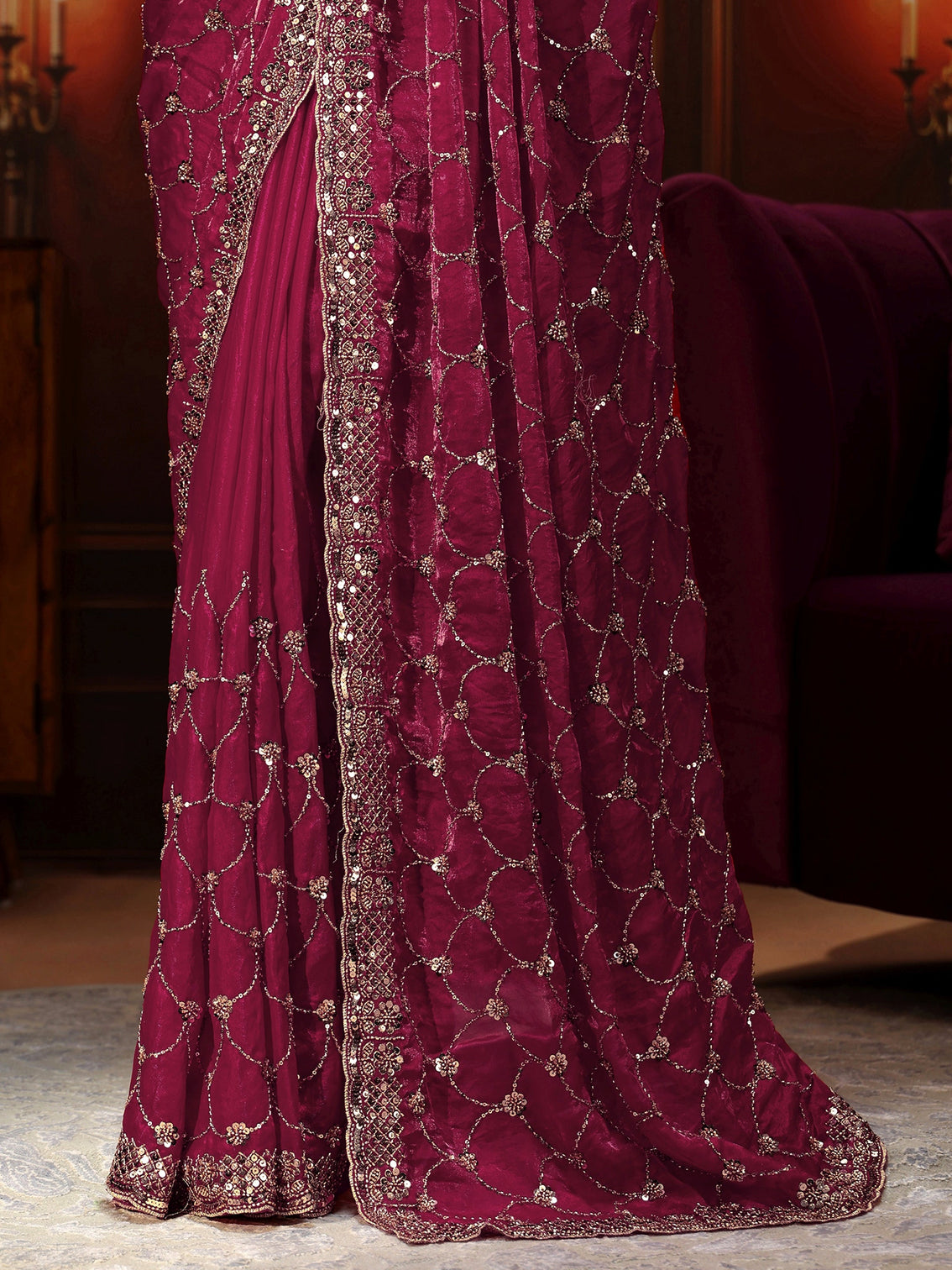 Mameraa Art Raspberry Pink Embellished Tissue Saree