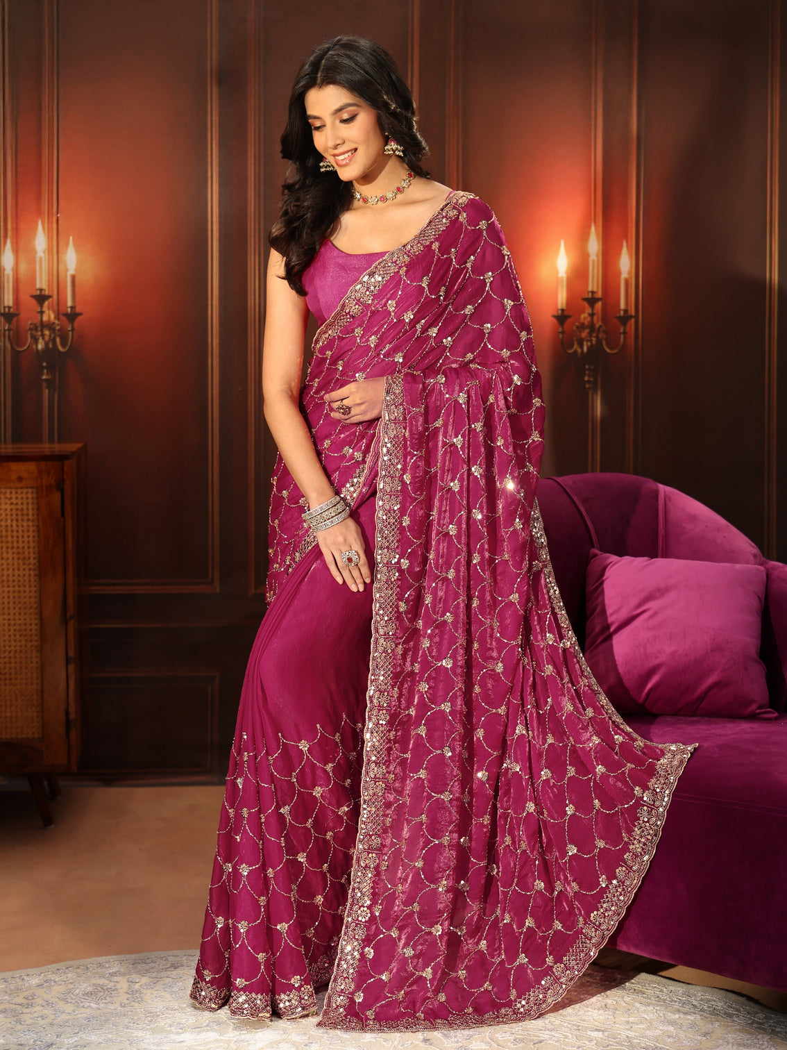 Mameraa Art Raspberry Pink Embellished Tissue Saree