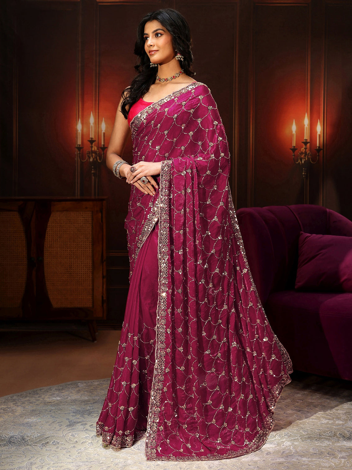 Mameraa Art Raspberry Pink Embellished Tissue Saree