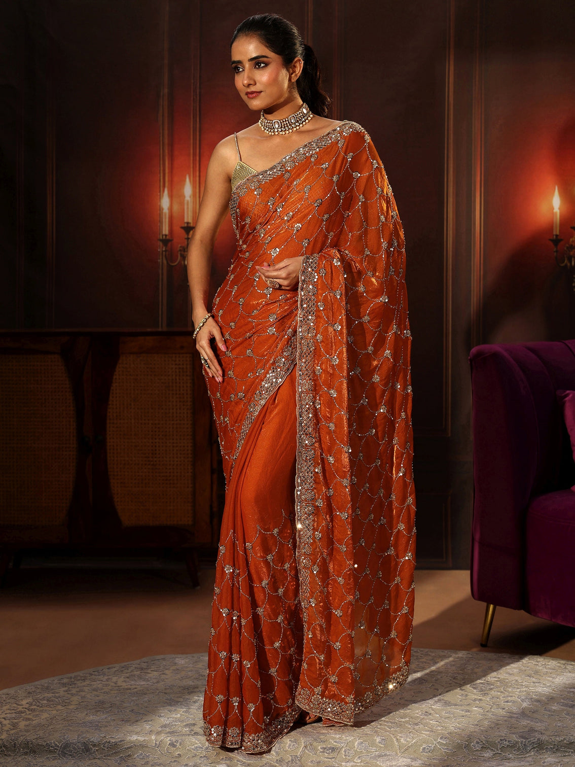 Mameraa Art Orange Embellished Tissue Saree