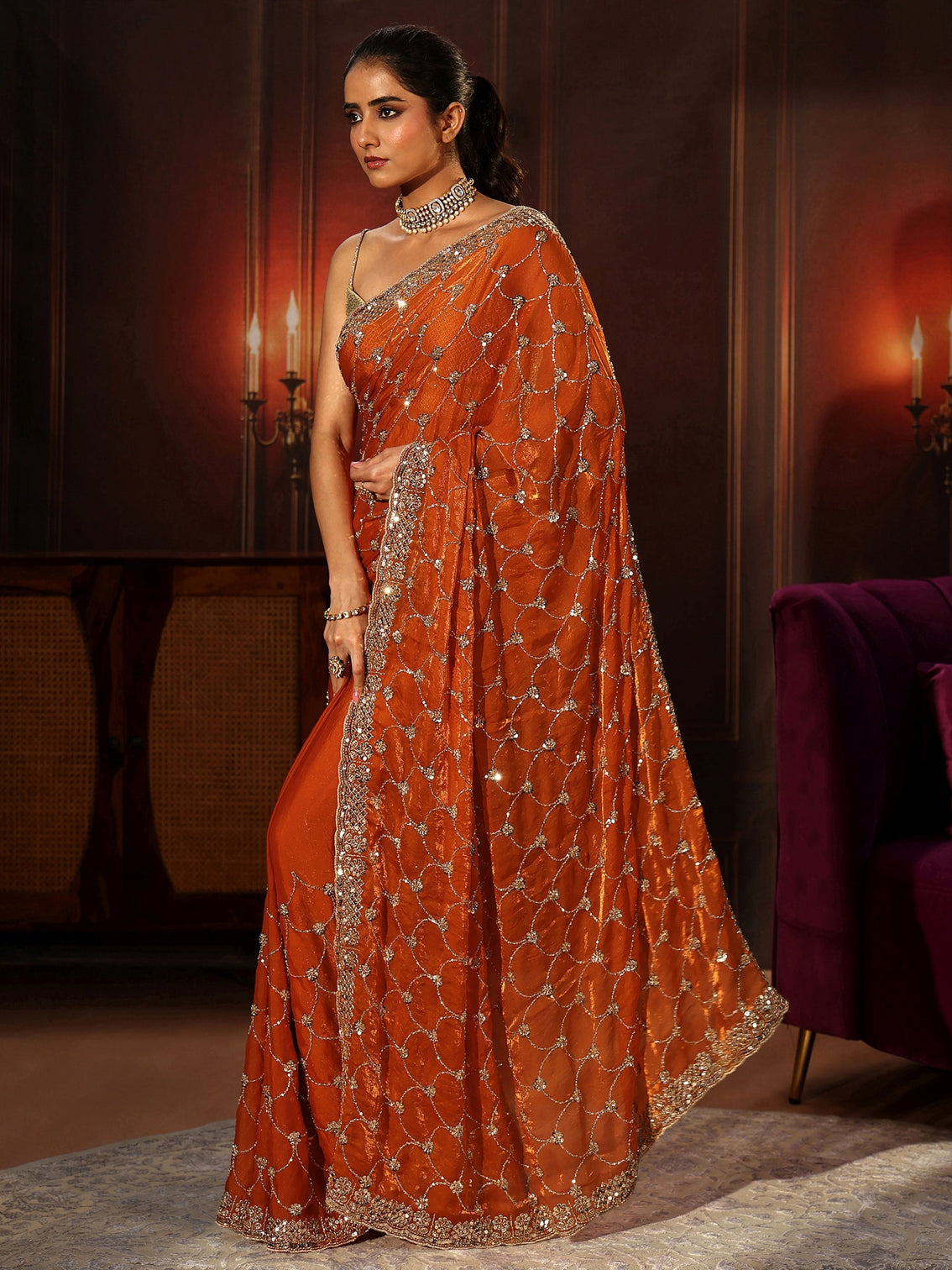 Mameraa Art Orange Embellished Tissue Saree