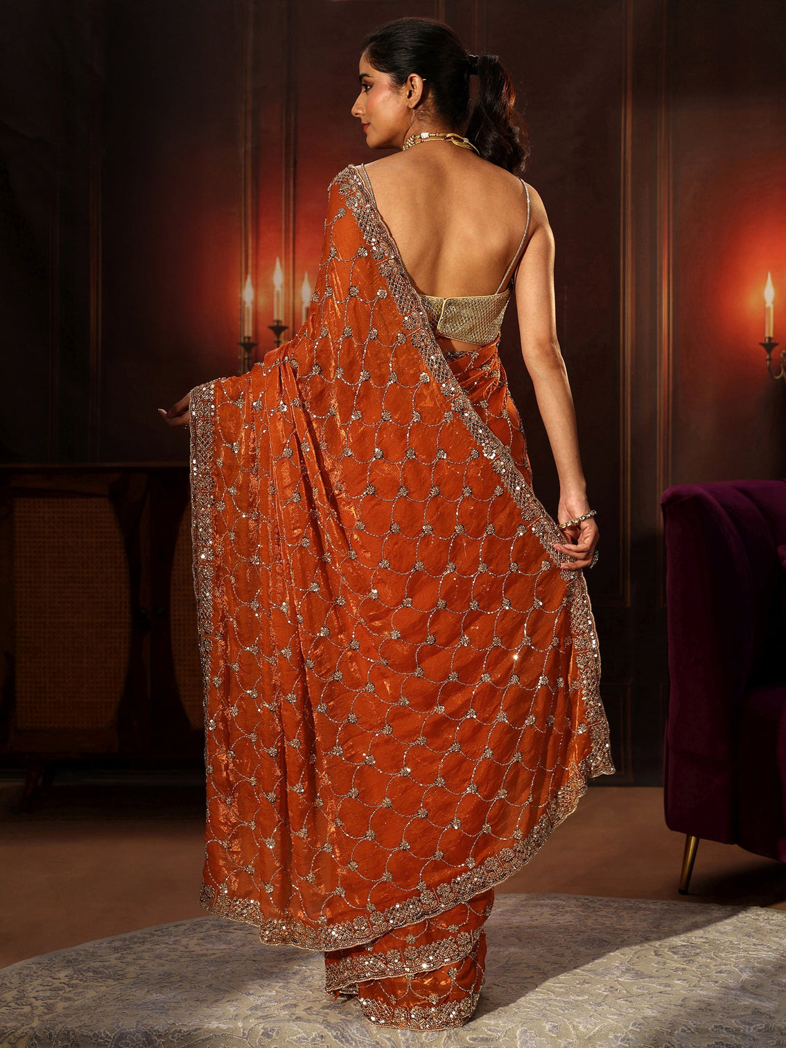 Mameraa Art Orange Embellished Tissue Saree