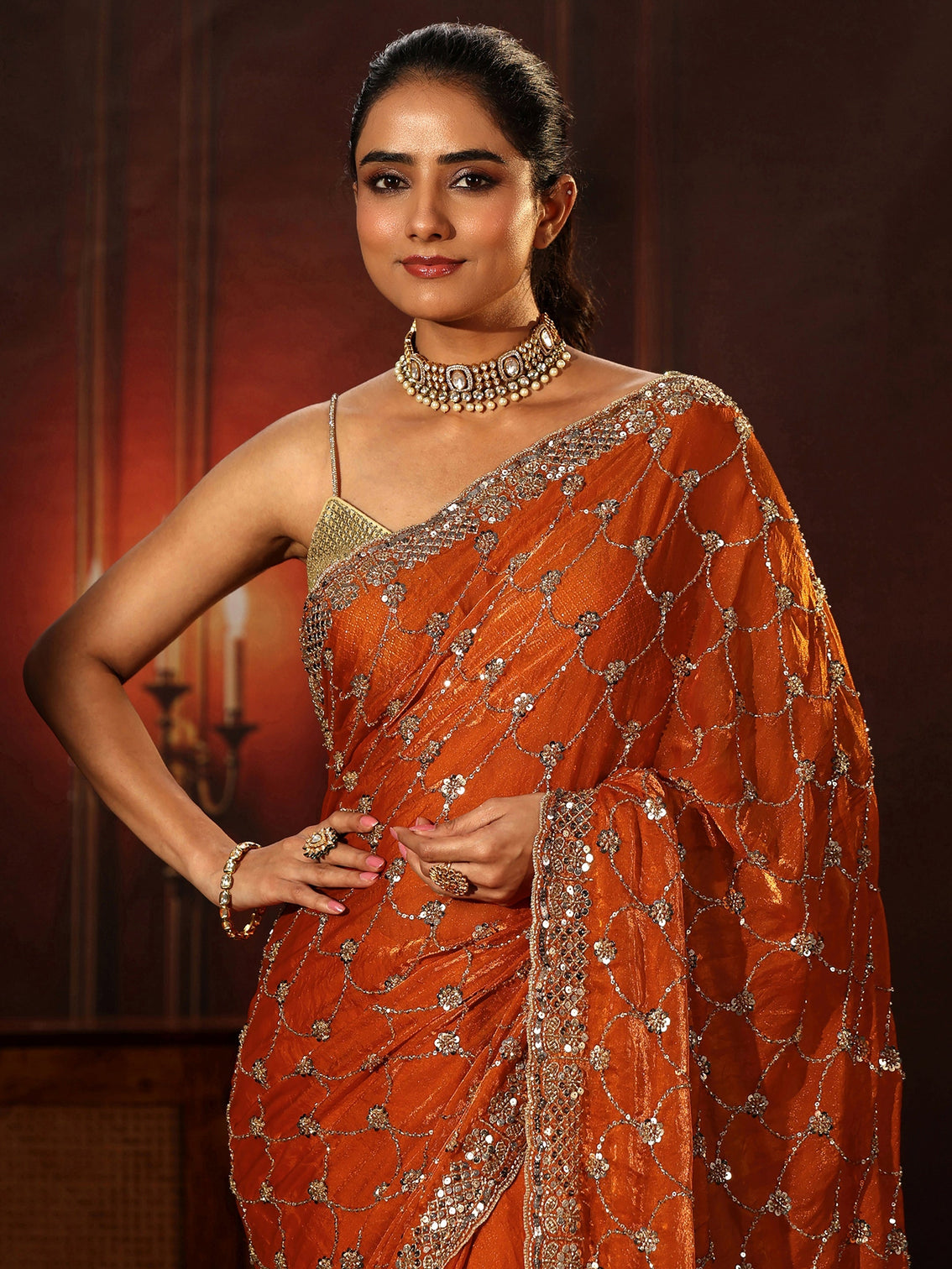 Mameraa Art Orange Embellished Tissue Saree