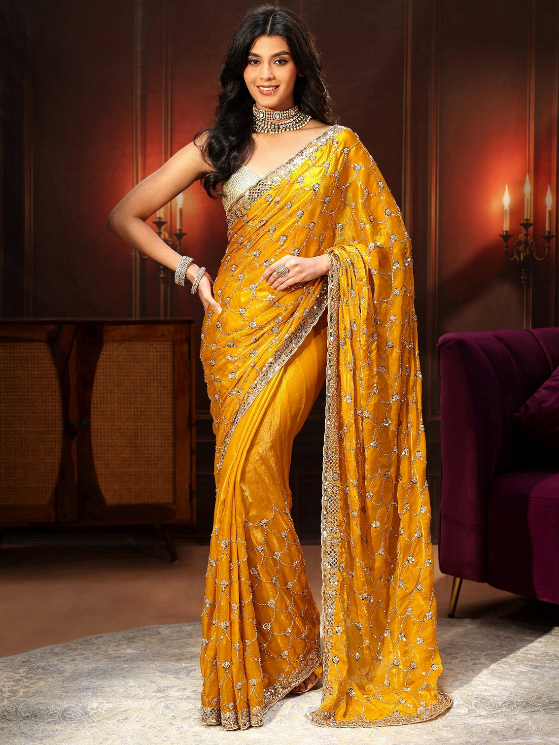 Mameraa Art Mustard Embellished Tissue Saree