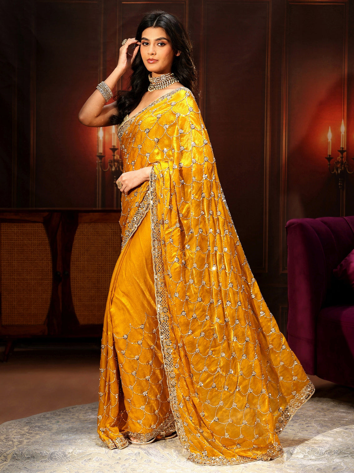 Mameraa Art Mustard Embellished Tissue Saree