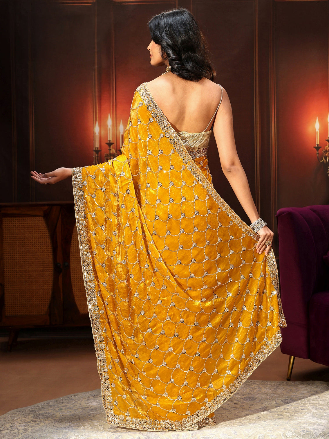 Mameraa Art Mustard Embellished Tissue Saree