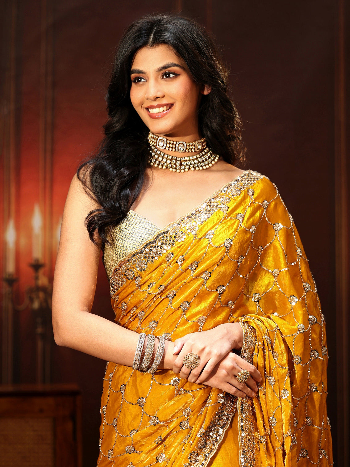 Mameraa Art Mustard Embellished Tissue Saree