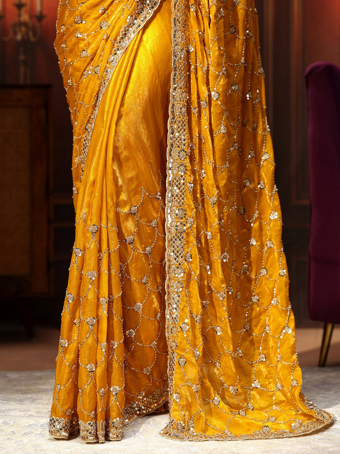 Mameraa Art Mustard Embellished Tissue Saree