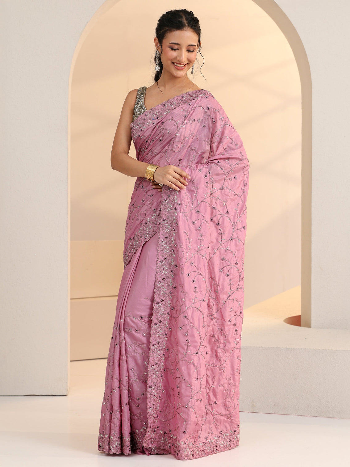 Mameraa Dusty Rose Pink Floral Embroidered Satin Saree