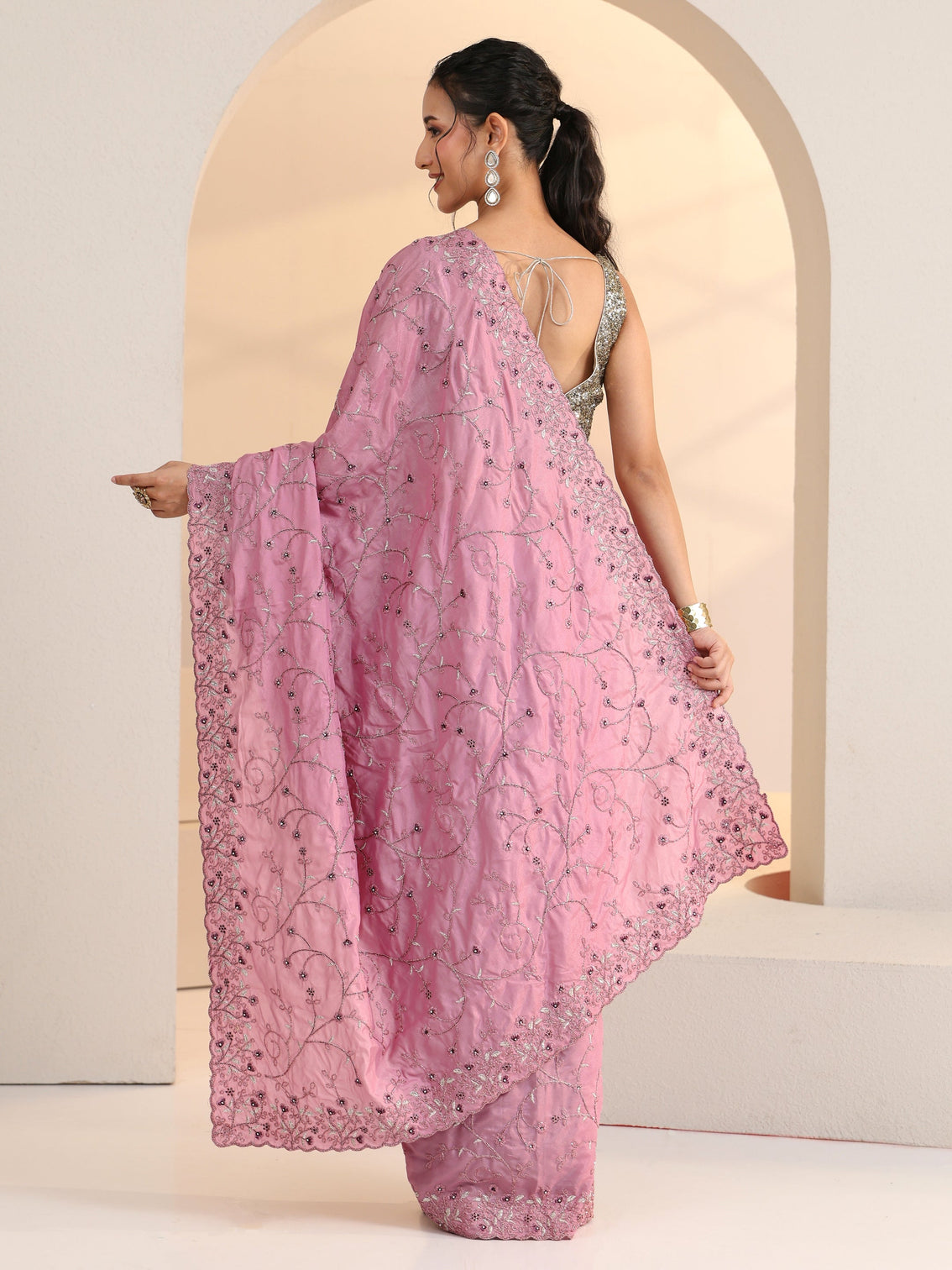 Mameraa Dusty Rose Pink Floral Embroidered Satin Saree