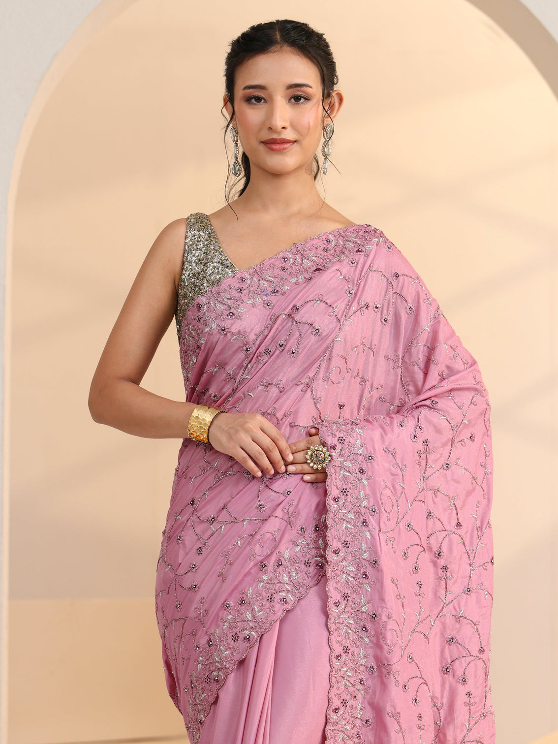 Mameraa Dusty Rose Pink Floral Embroidered Satin Saree