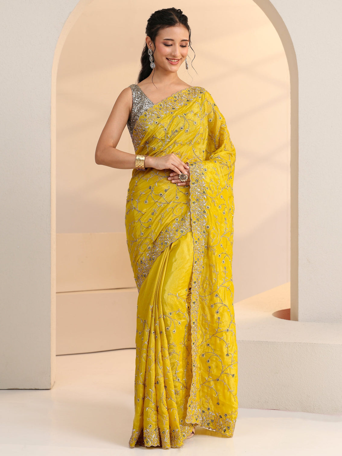 Mameraa Mustard Floral Embroidered Satin Saree
