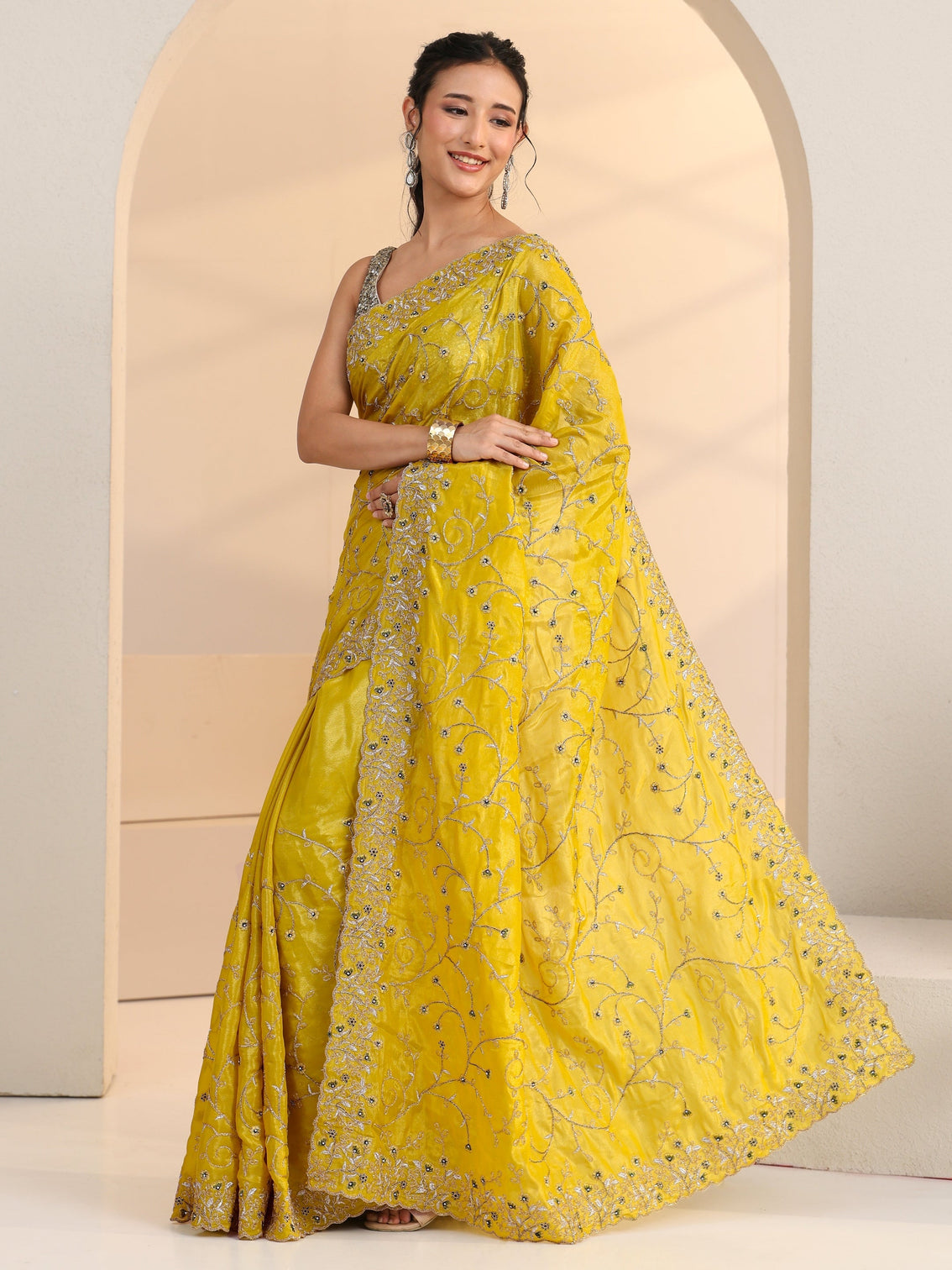 Mameraa Mustard Floral Embroidered Satin Saree