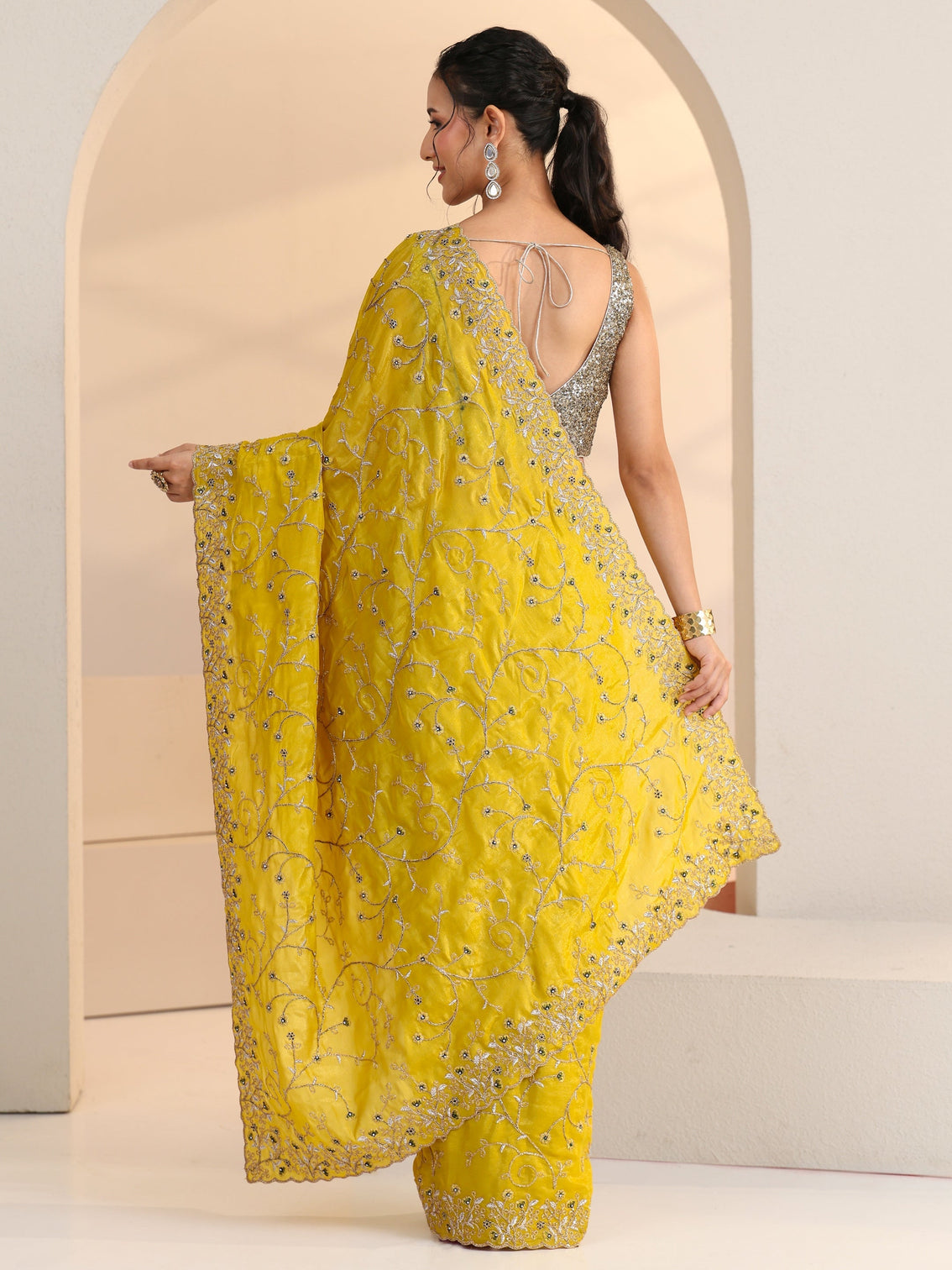 Mameraa Mustard Floral Embroidered Satin Saree