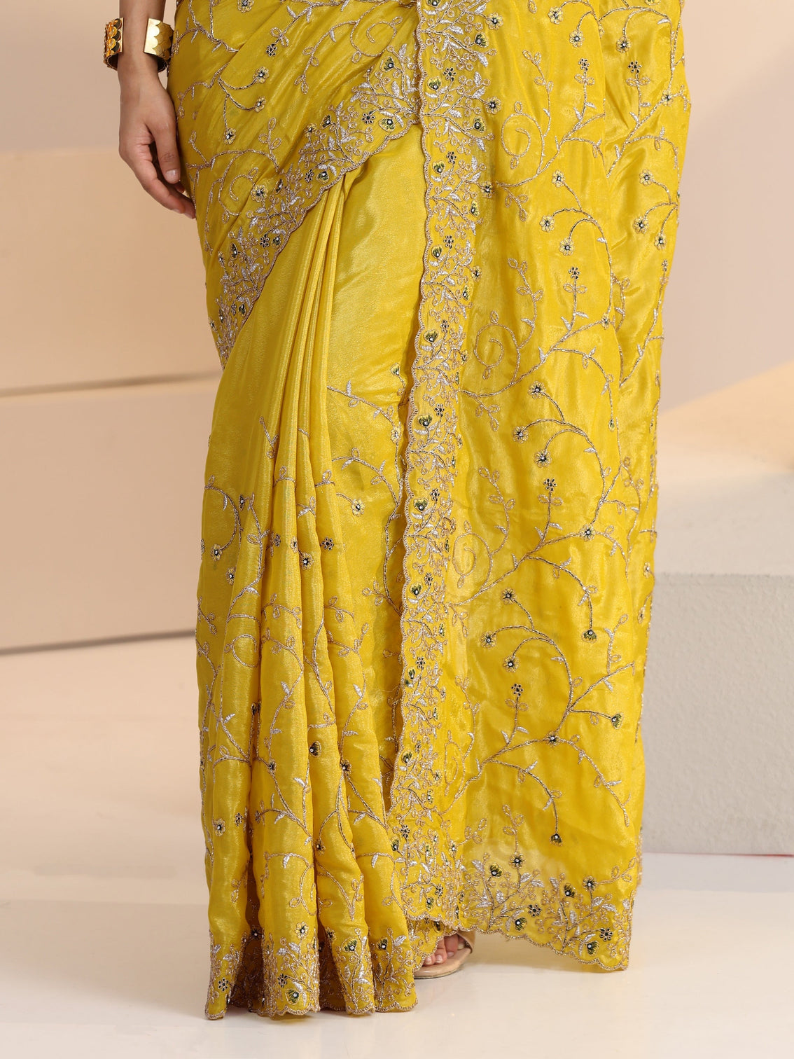 Mameraa Mustard Floral Embroidered Satin Saree