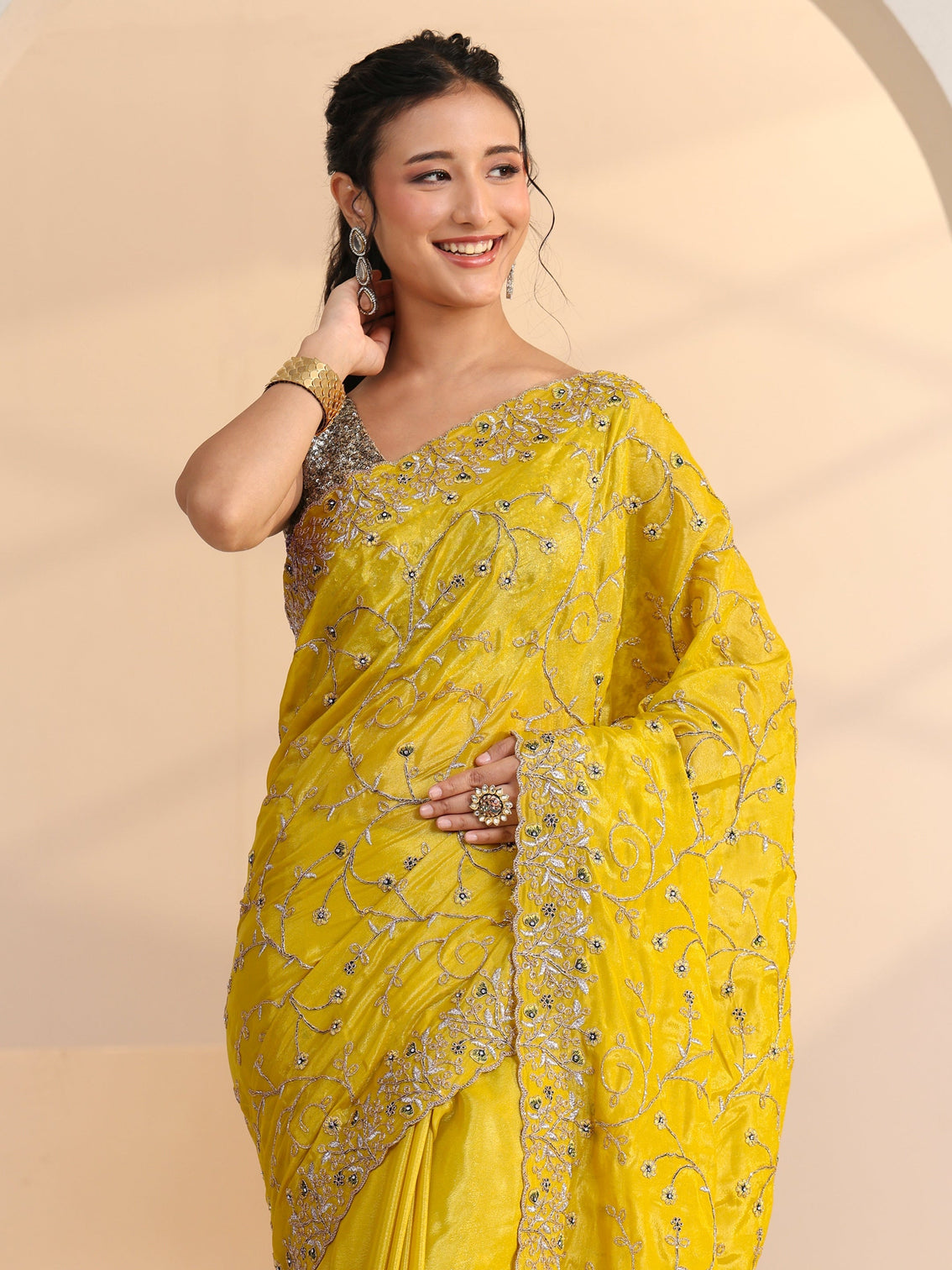 Mameraa Mustard Floral Embroidered Satin Saree
