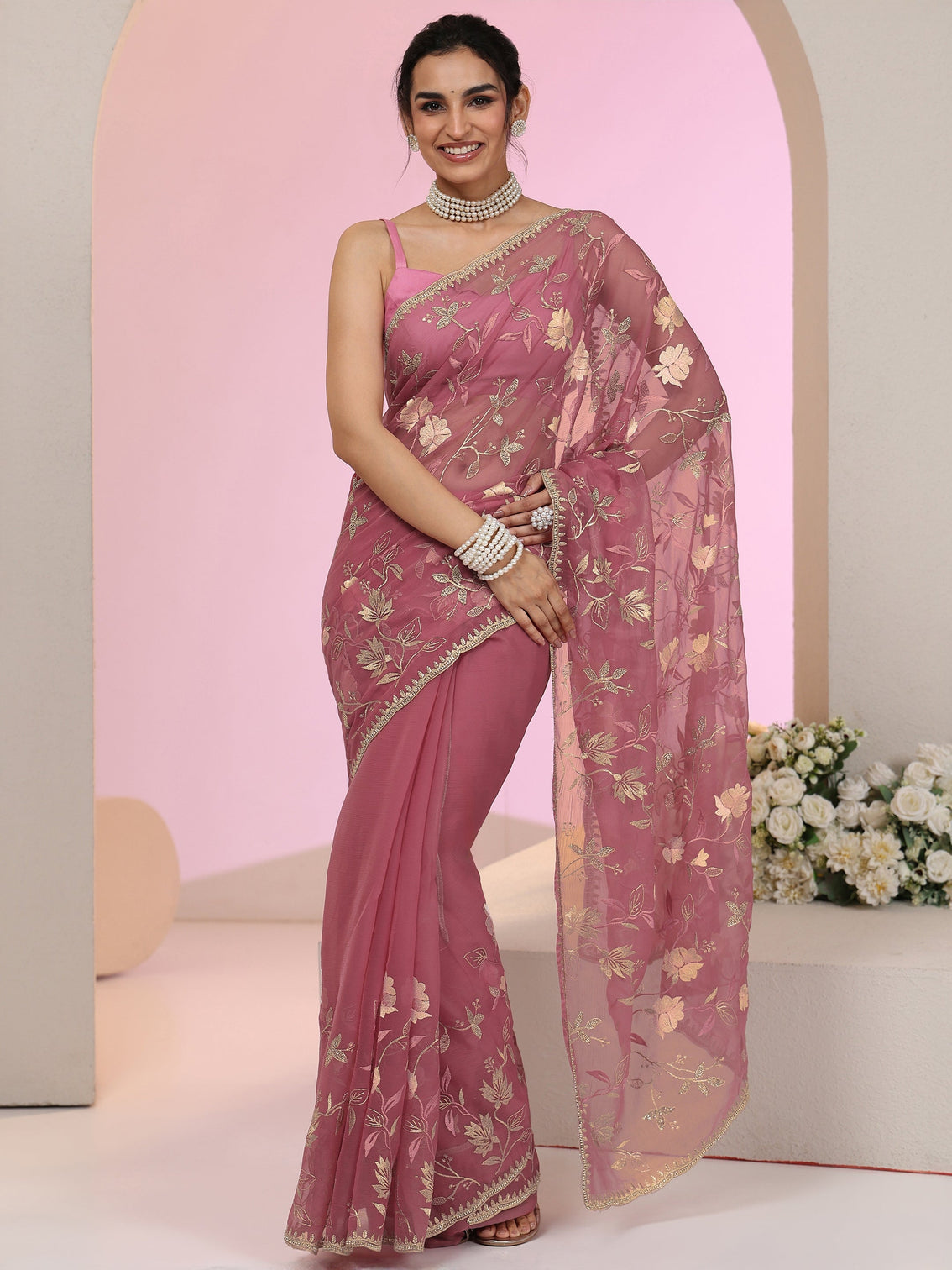 Mameraa Dusty Rose Pink Floral Embroidered Chiffon Saree