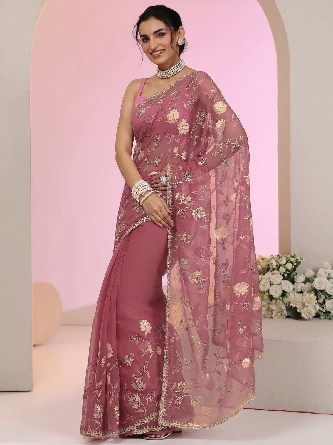 Mameraa Dusty Rose Pink Floral Embroidered Chiffon Saree