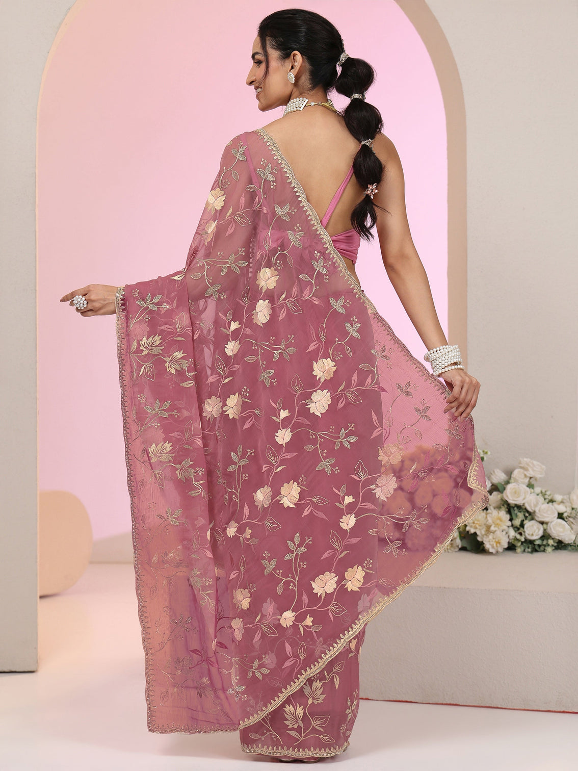 Mameraa Dusty Rose Pink Floral Embroidered Chiffon Saree