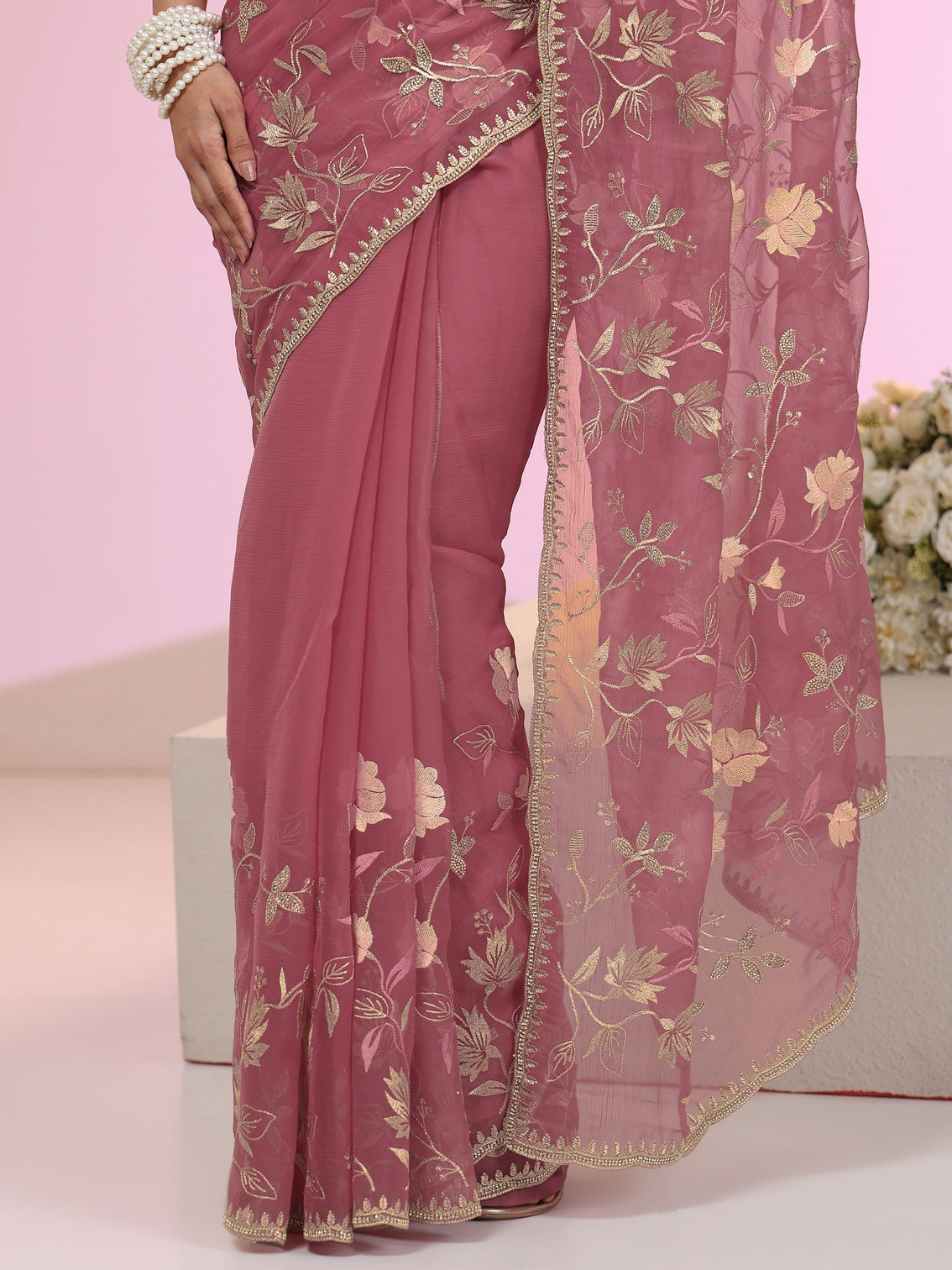 Mameraa Dusty Rose Pink Floral Embroidered Chiffon Saree