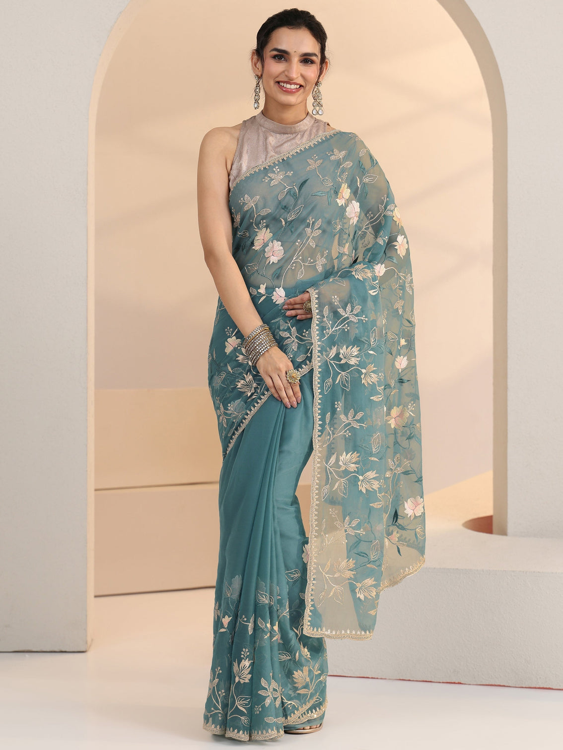 Mameraa Dusty Blue Floral Embroidered Chiffon Saree