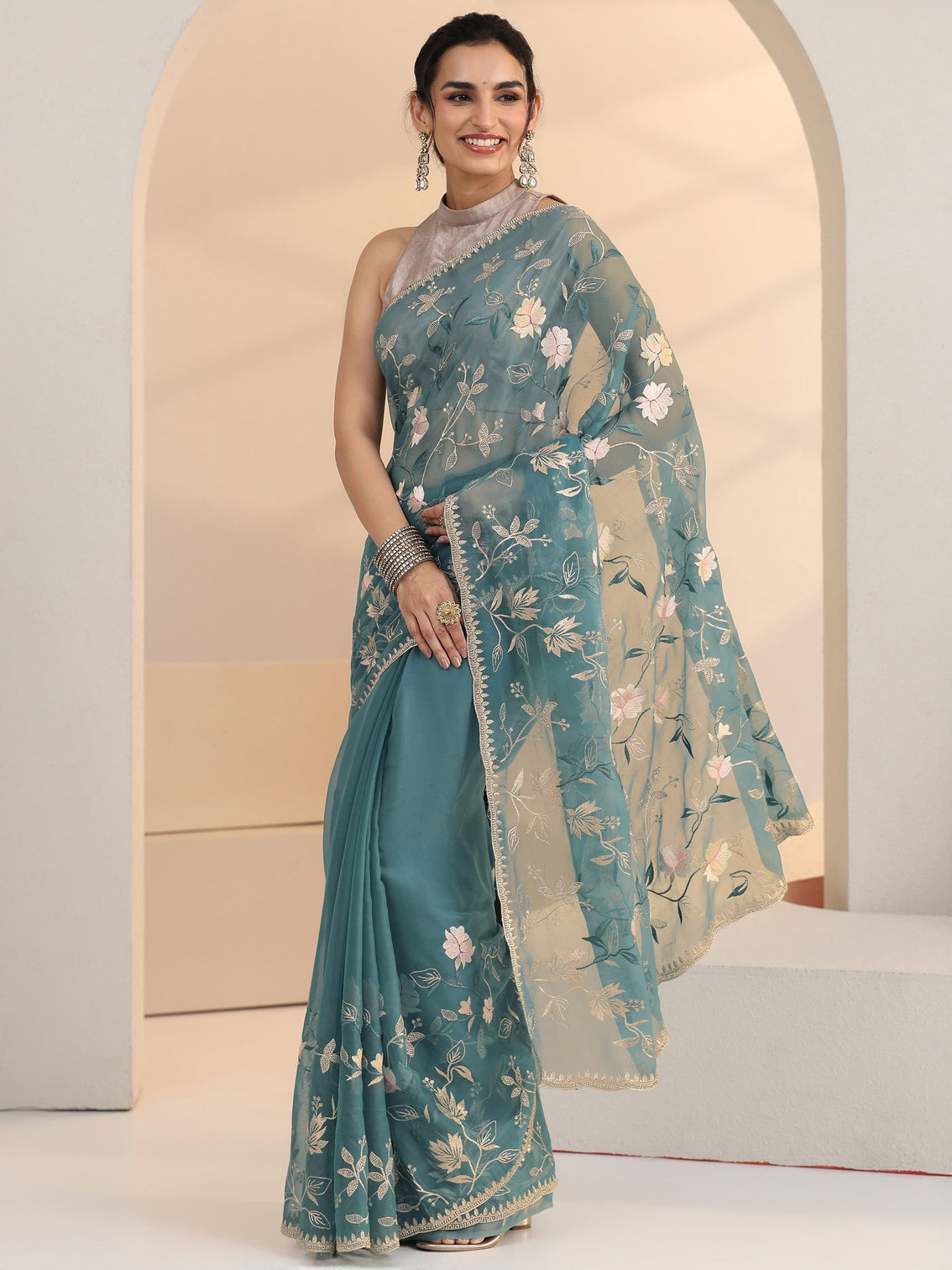 Mameraa Dusty Blue Floral Embroidered Chiffon Saree