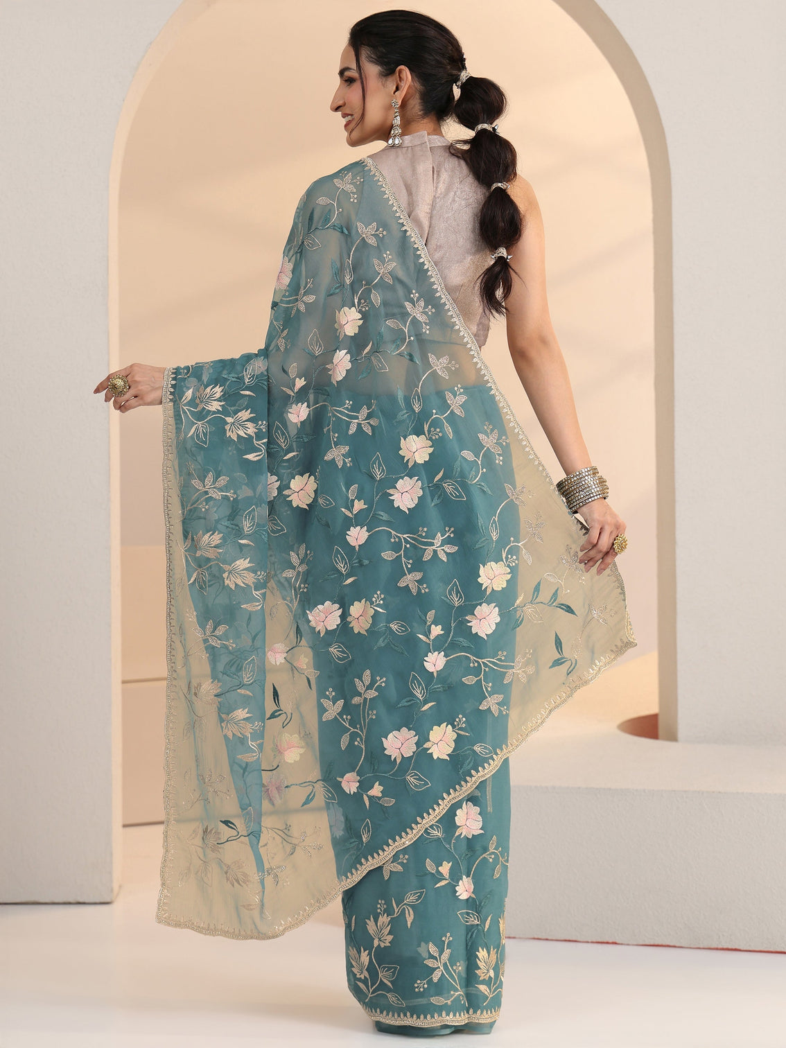 Mameraa Dusty Blue Floral Embroidered Chiffon Saree