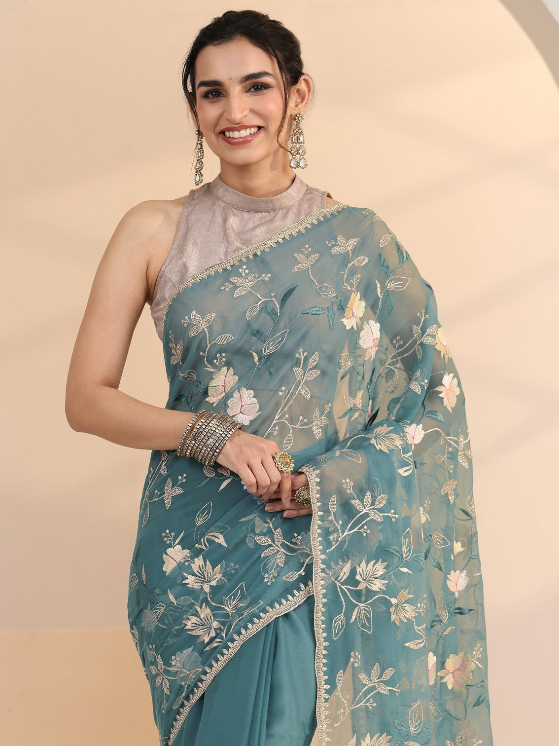 Mameraa Dusty Blue Floral Embroidered Chiffon Saree