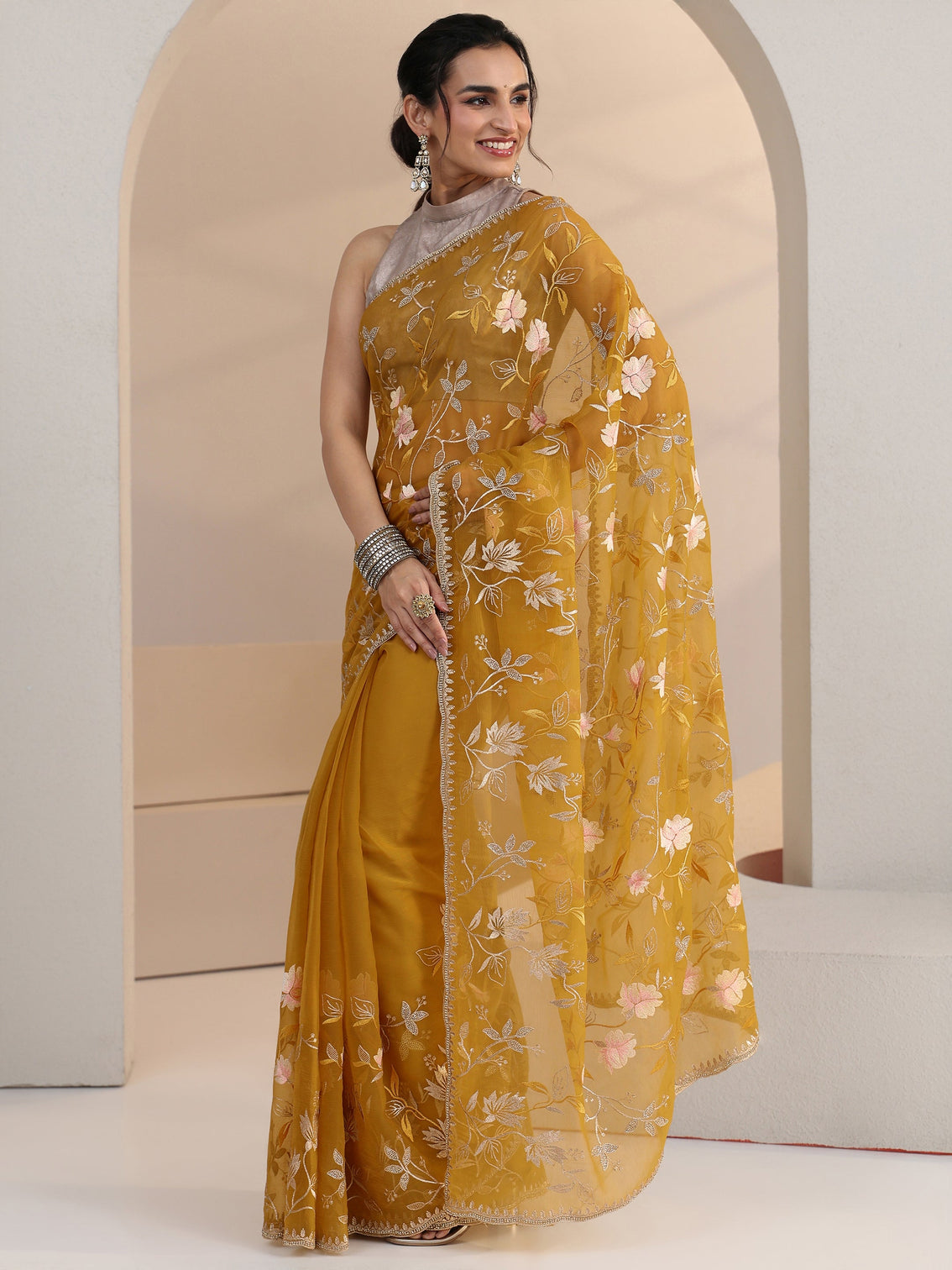 Mameraa Mustard Floral Embroidered Chiffon Saree