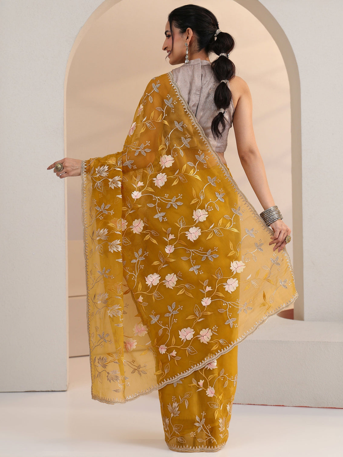 Mameraa Mustard Floral Embroidered Chiffon Saree