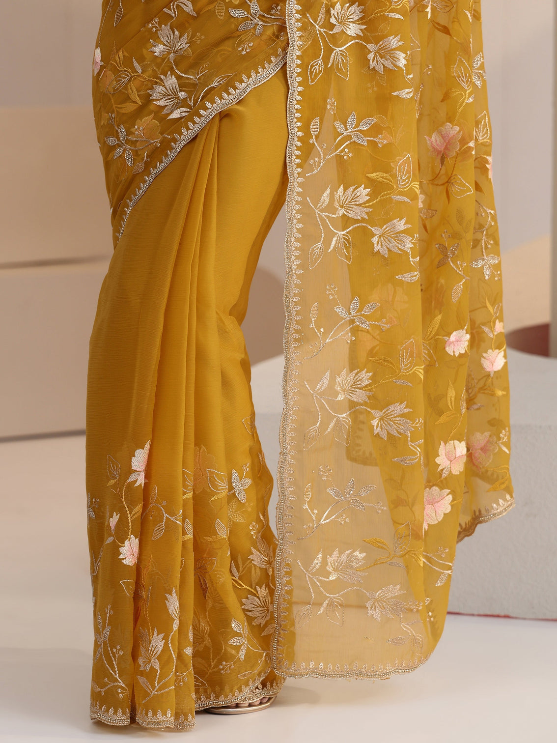 Mameraa Mustard Floral Embroidered Chiffon Saree