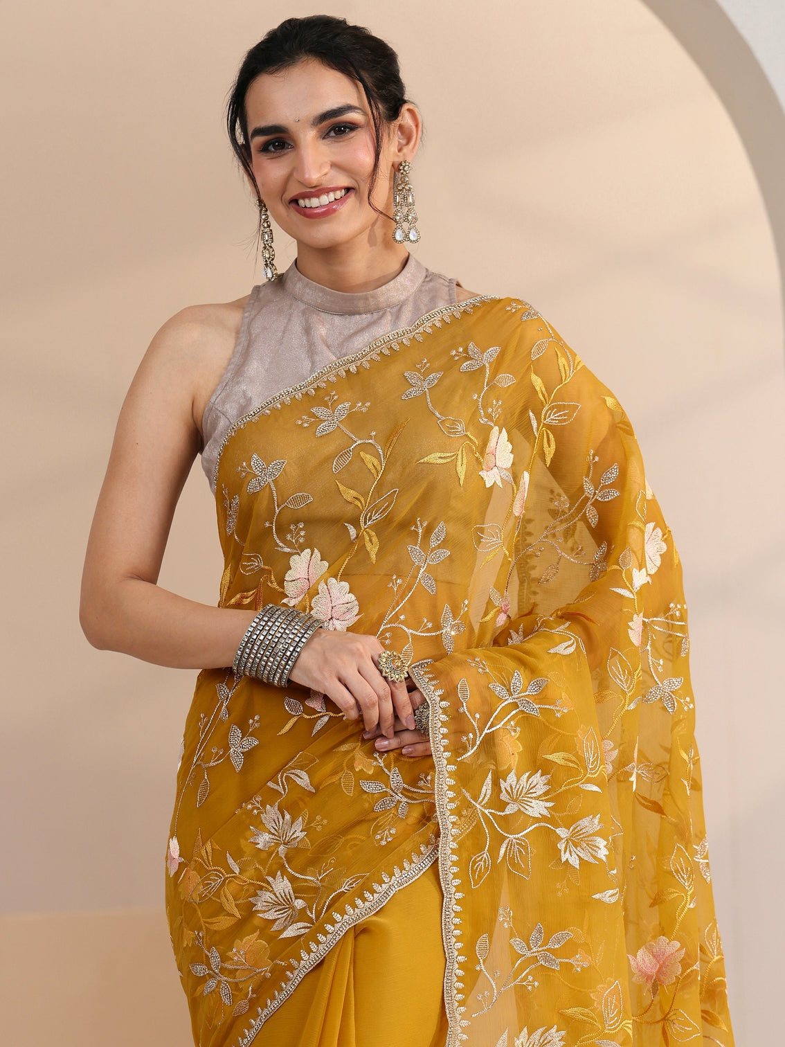 Mameraa Mustard Floral Embroidered Chiffon Saree