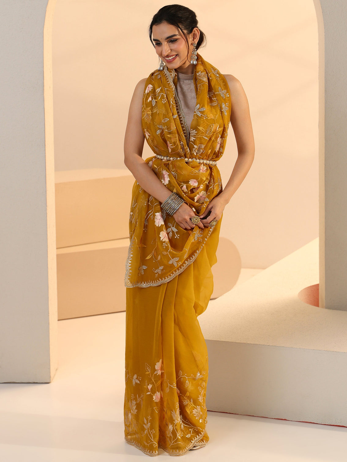 Mameraa Mustard Floral Embroidered Chiffon Saree