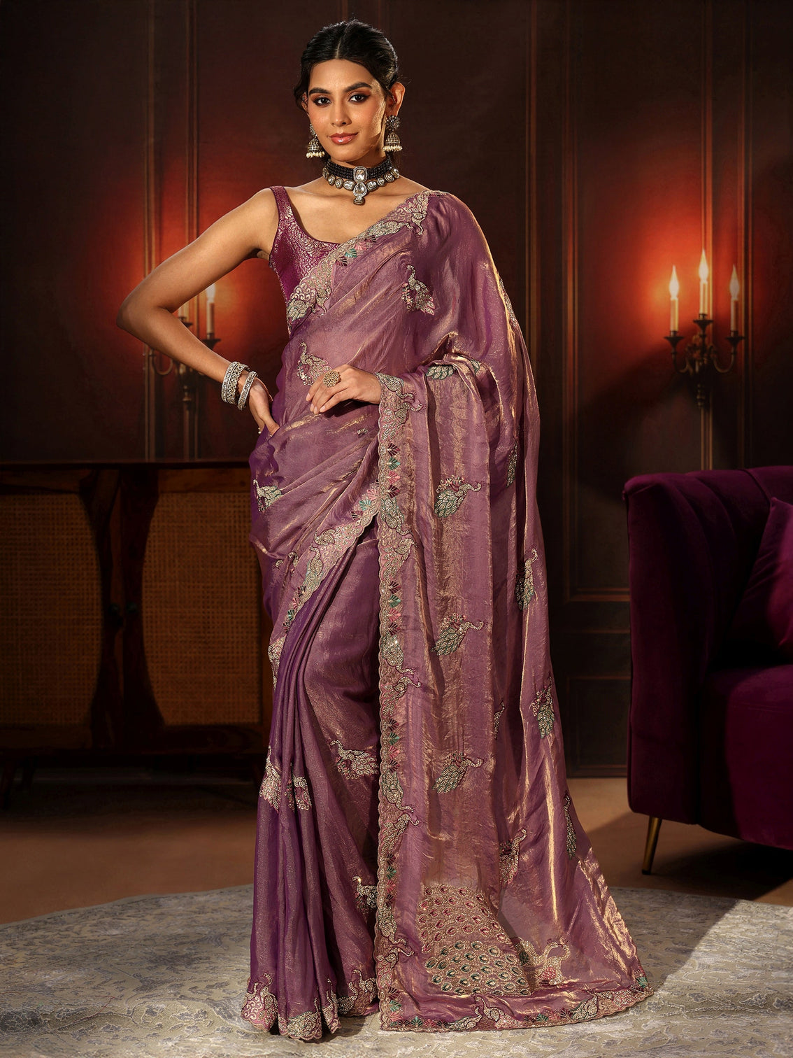 Mameraa Lavender Peacock Embellished Tissue Saree