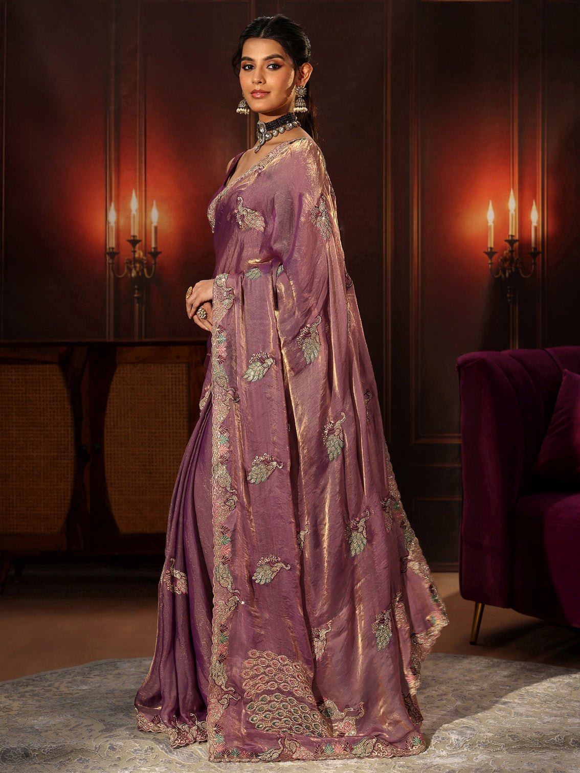 Mameraa Lavender Peacock Embellished Tissue Saree