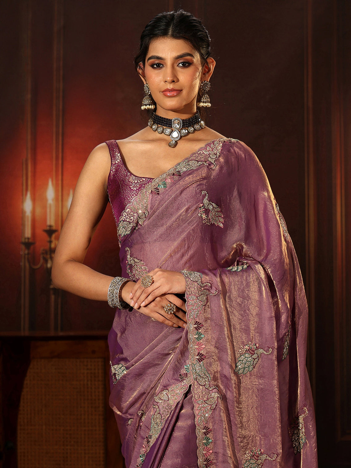 Mameraa Lavender Peacock Embellished Tissue Saree