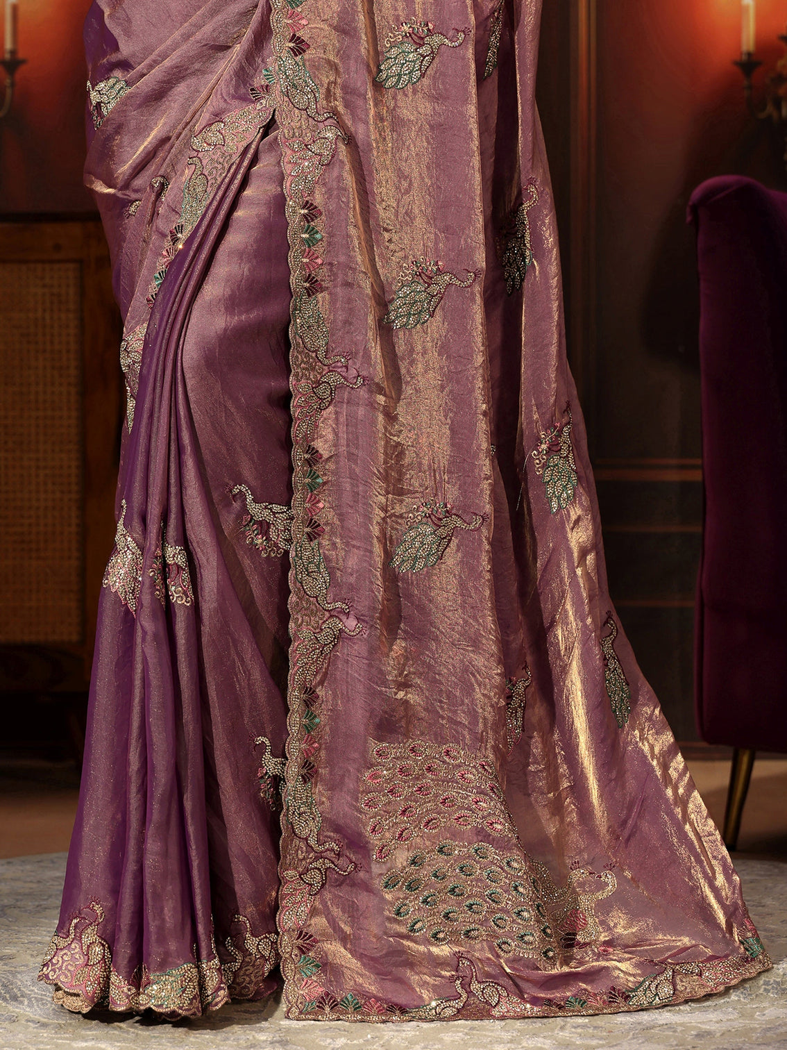 Mameraa Lavender Peacock Embellished Tissue Saree