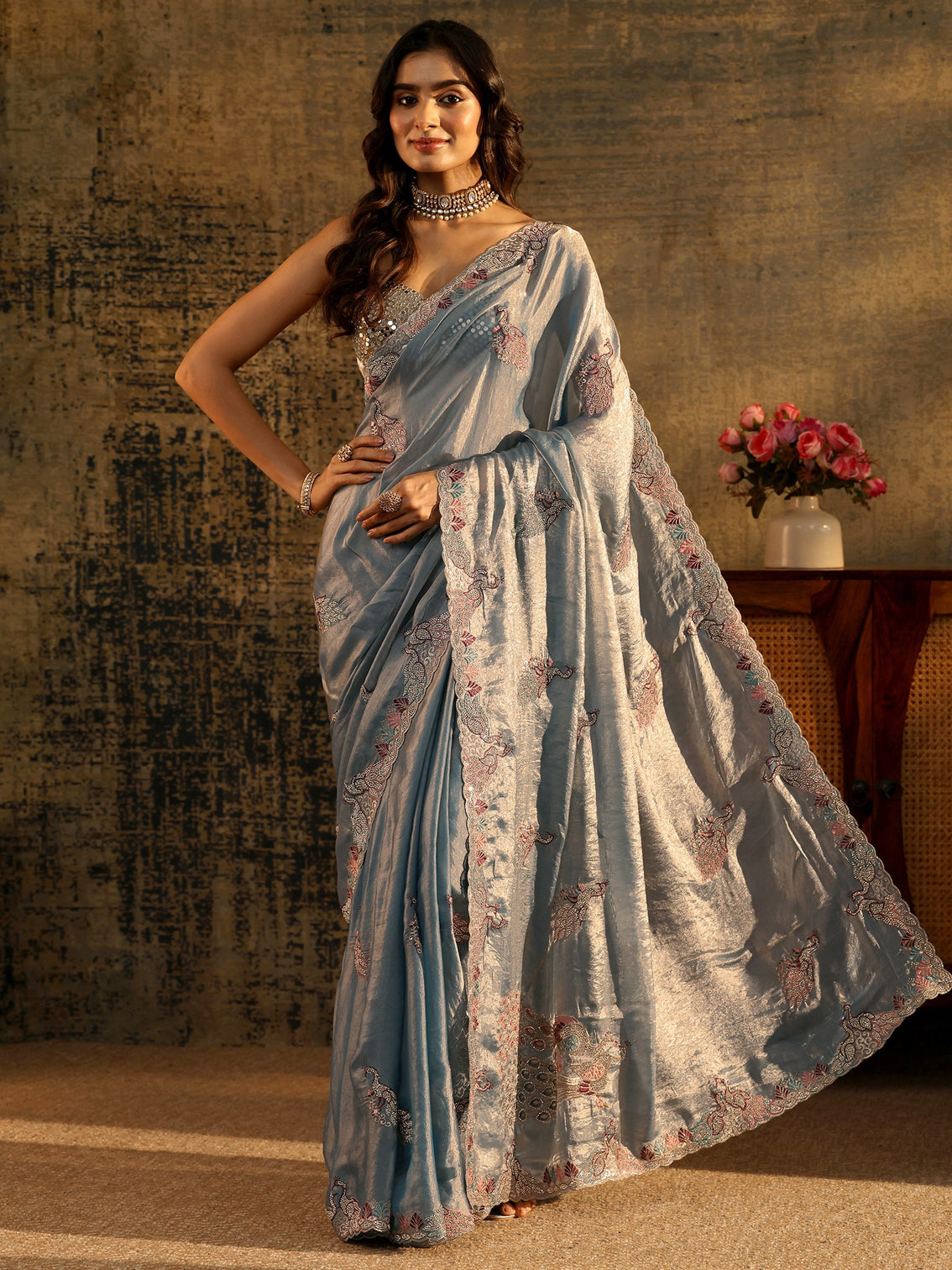 Mameraa Dusty Blue Peacock Embellished Tissue Saree