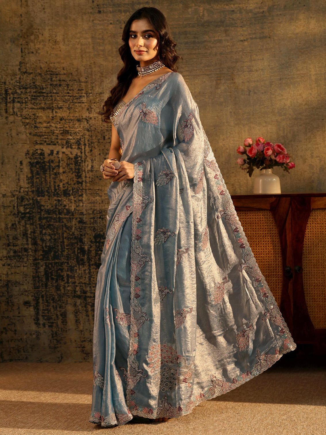 Mameraa Dusty Blue Peacock Embellished Tissue Saree