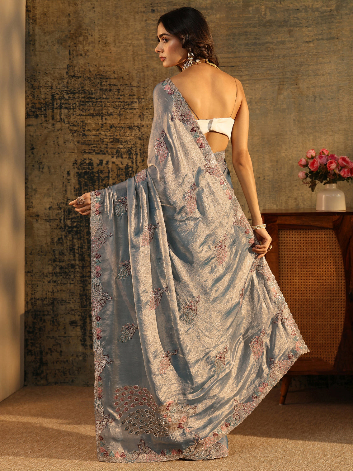 Mameraa Dusty Blue Peacock Embellished Tissue Saree