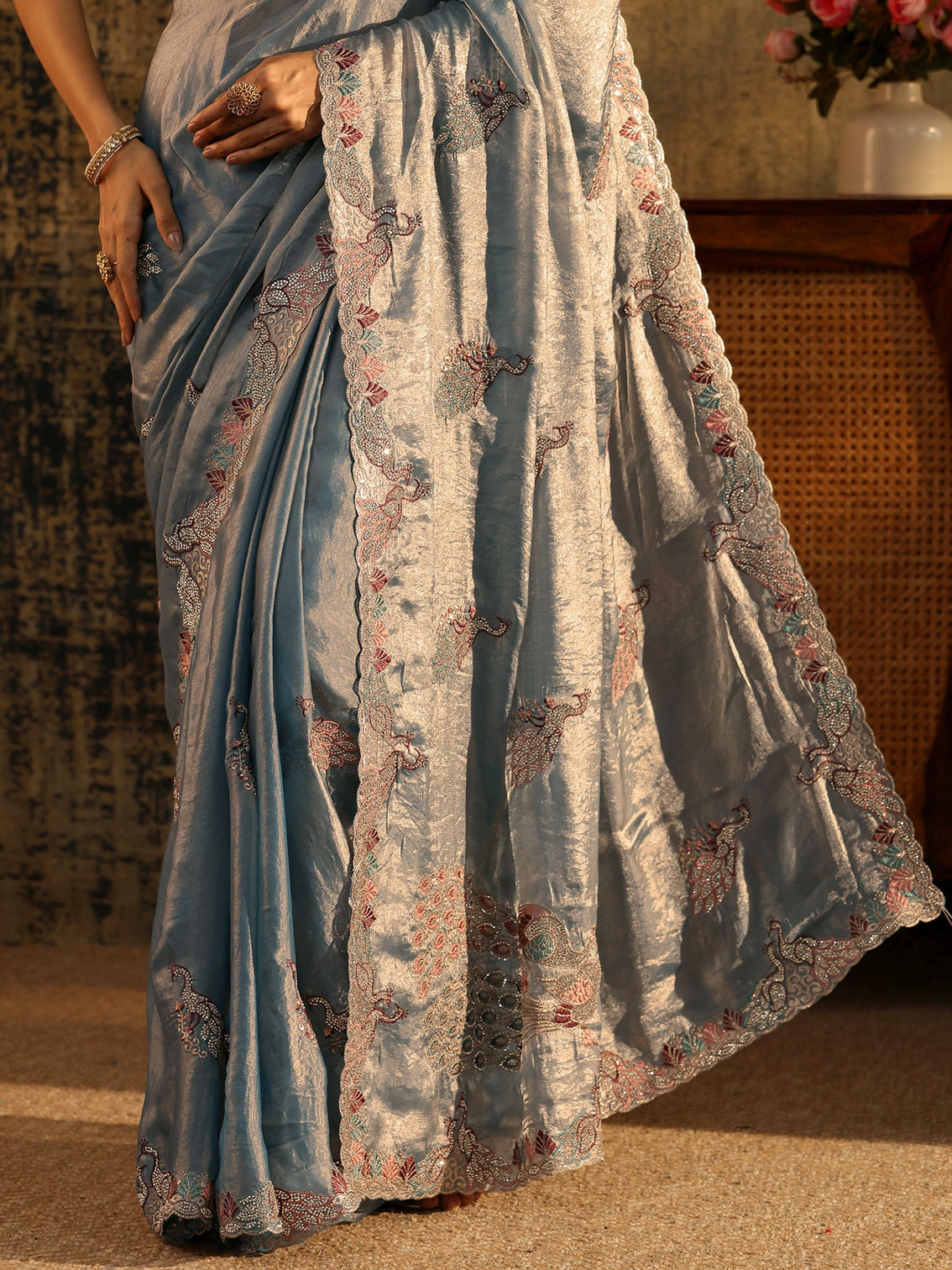 Mameraa Dusty Blue Peacock Embellished Tissue Saree