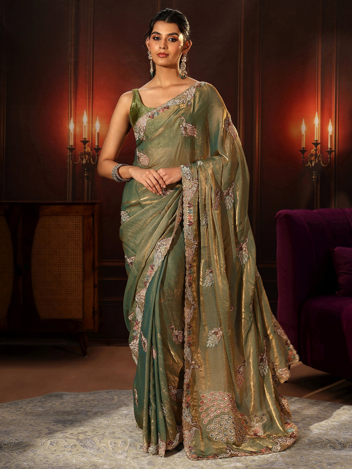 Mameraa Sage Green Peacock Embellished Tissue Saree