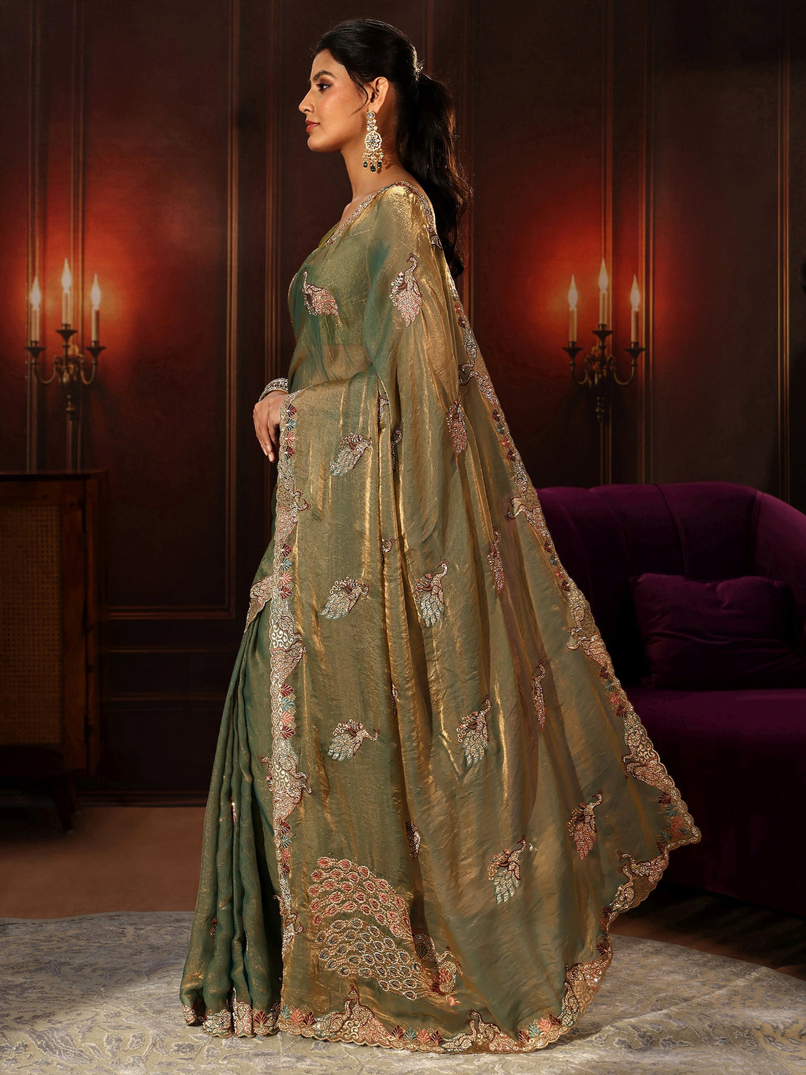 Mameraa Sage Green Peacock Embellished Tissue Saree