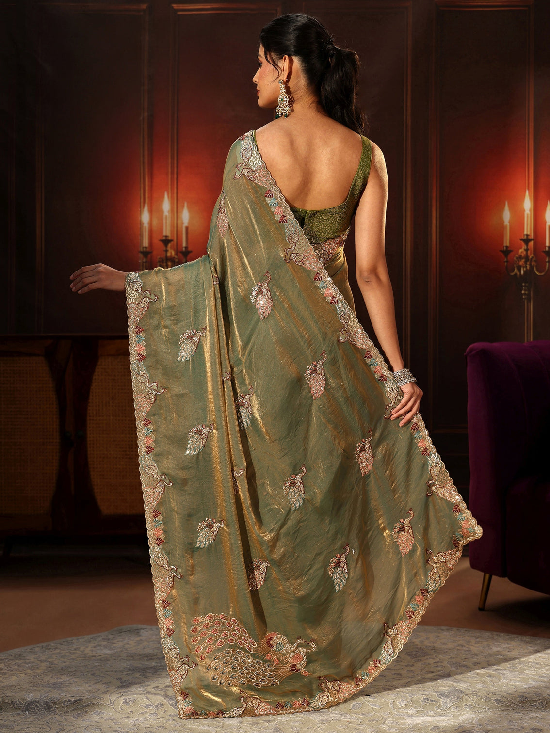 Mameraa Sage Green Peacock Embellished Tissue Saree